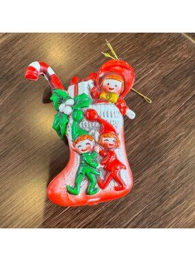 VTG Christmas Stocking Ornament w/ Elves & Girl n Red Hand-Painted Made In Japan